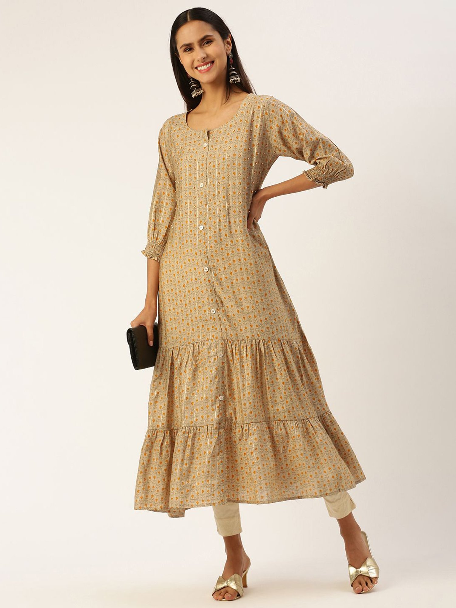 SHANVIKA Beige Embellished Cotton Silk A Line Kurta