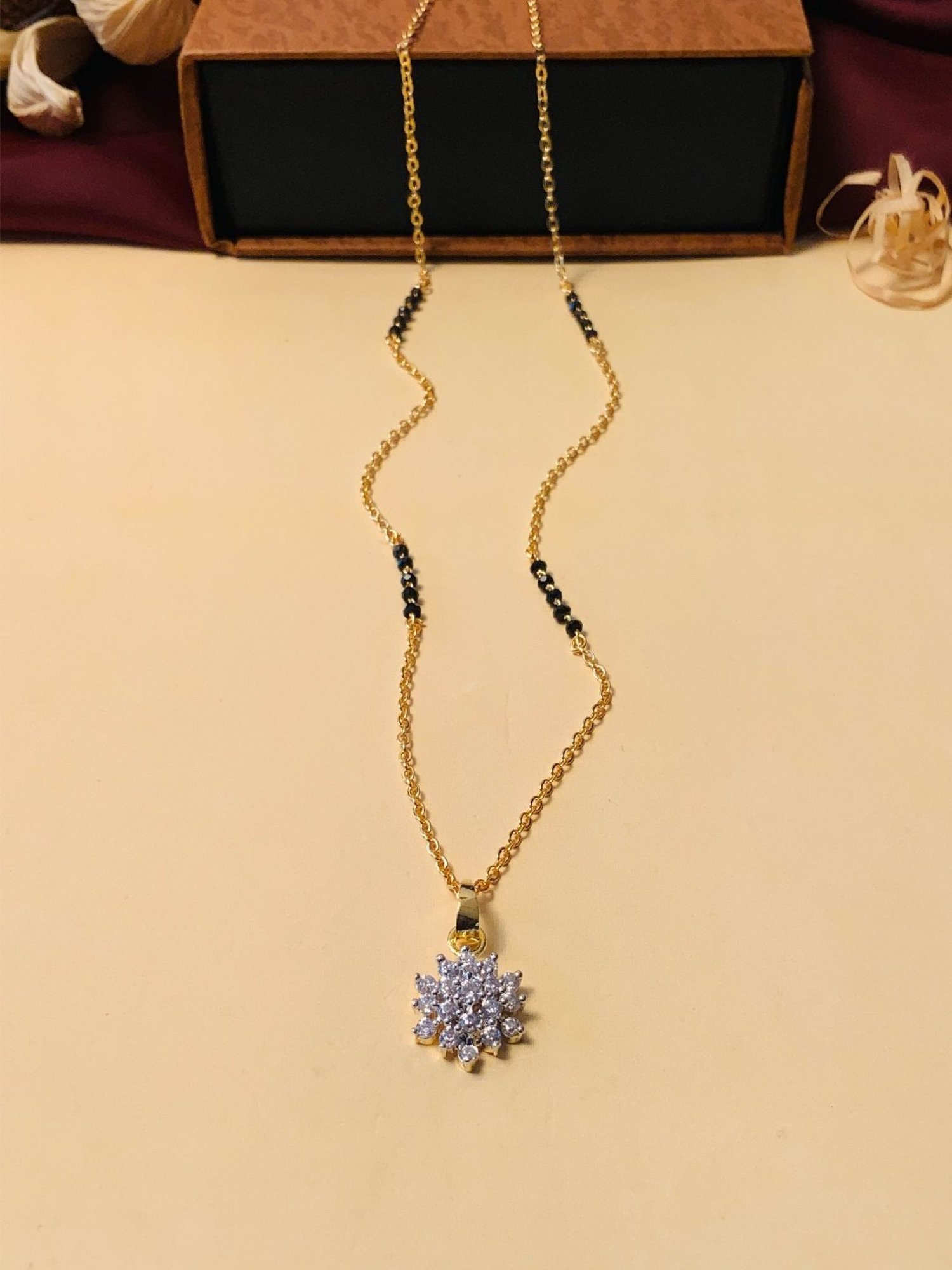 Abdesigns Gold-Plated American Diamond & Black Beaded Mangalsutra