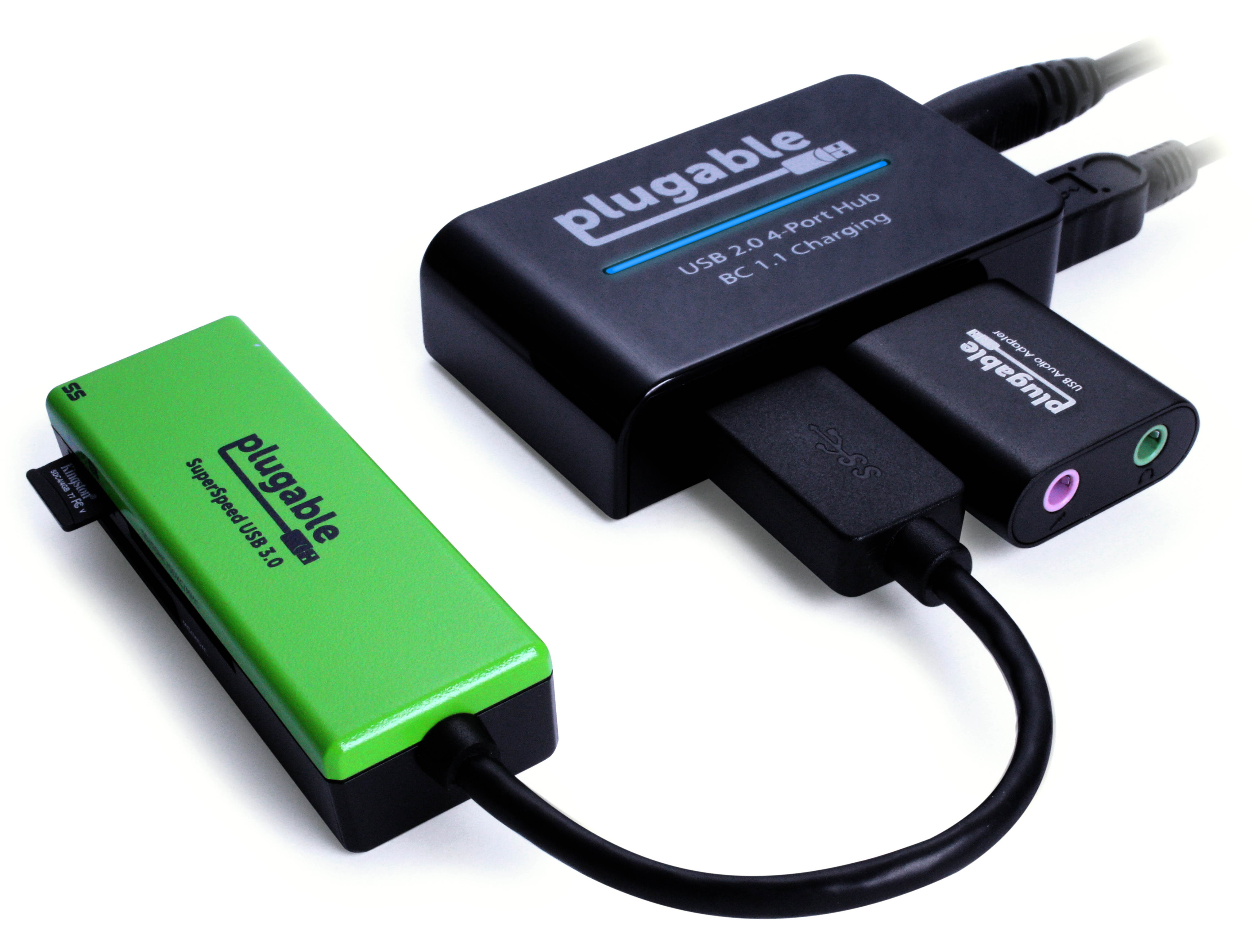 Plugable USB 2.0 4-Port High Speed Hub with 12.5W Power Adapter.