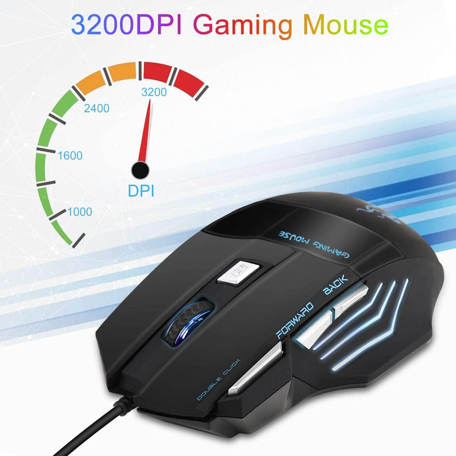 Gaming Mouse, USB Cable Mice Wired High Precision Optical Professional Gamer Mouse with 7 Buttons / 4 Adjustable DPI (1000-3200) / LED / Ergonomic Design for PC Laptop MacBook - Plug & Play