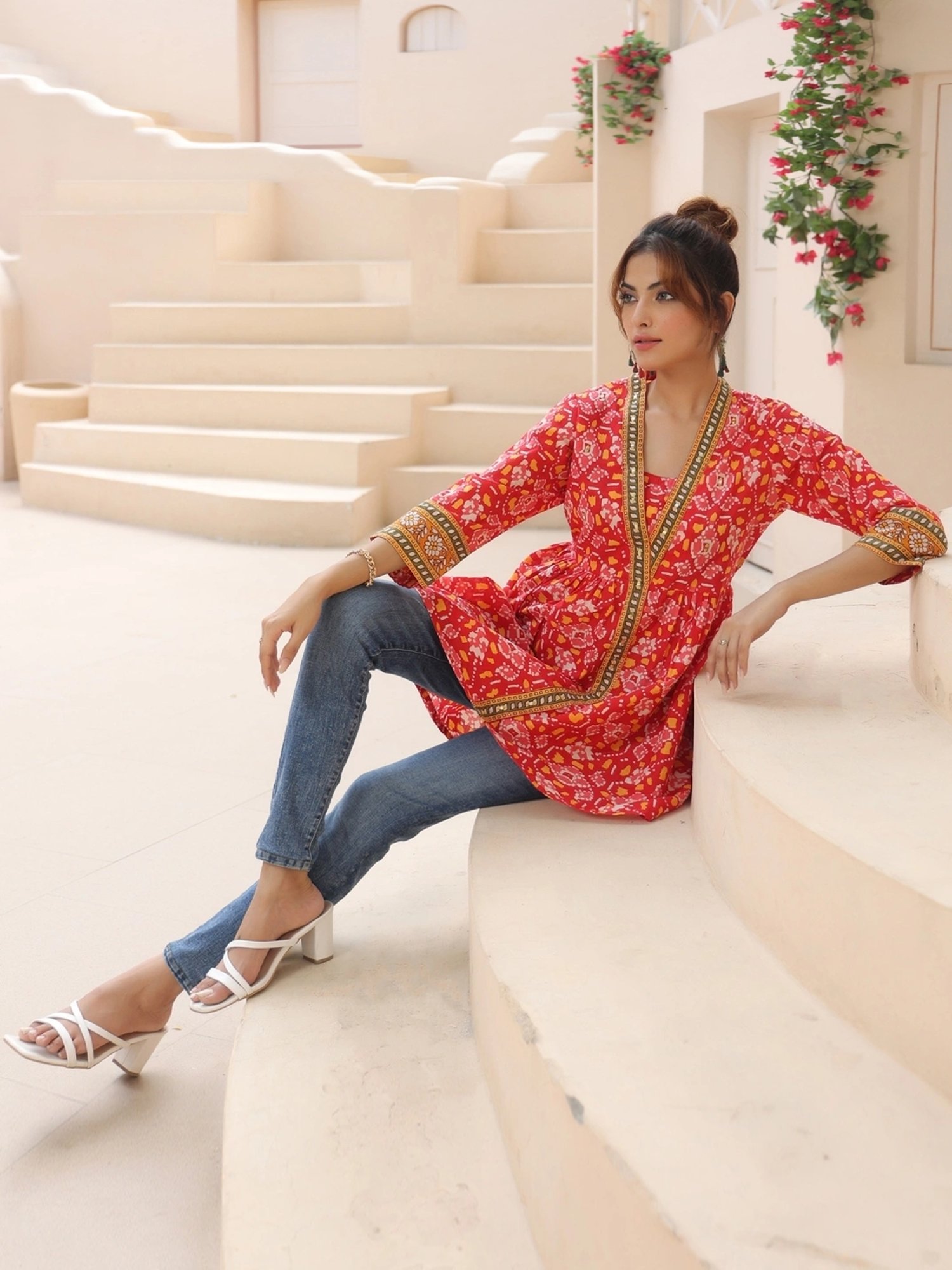 Rain and Rainbow Red Cotton Printed Top