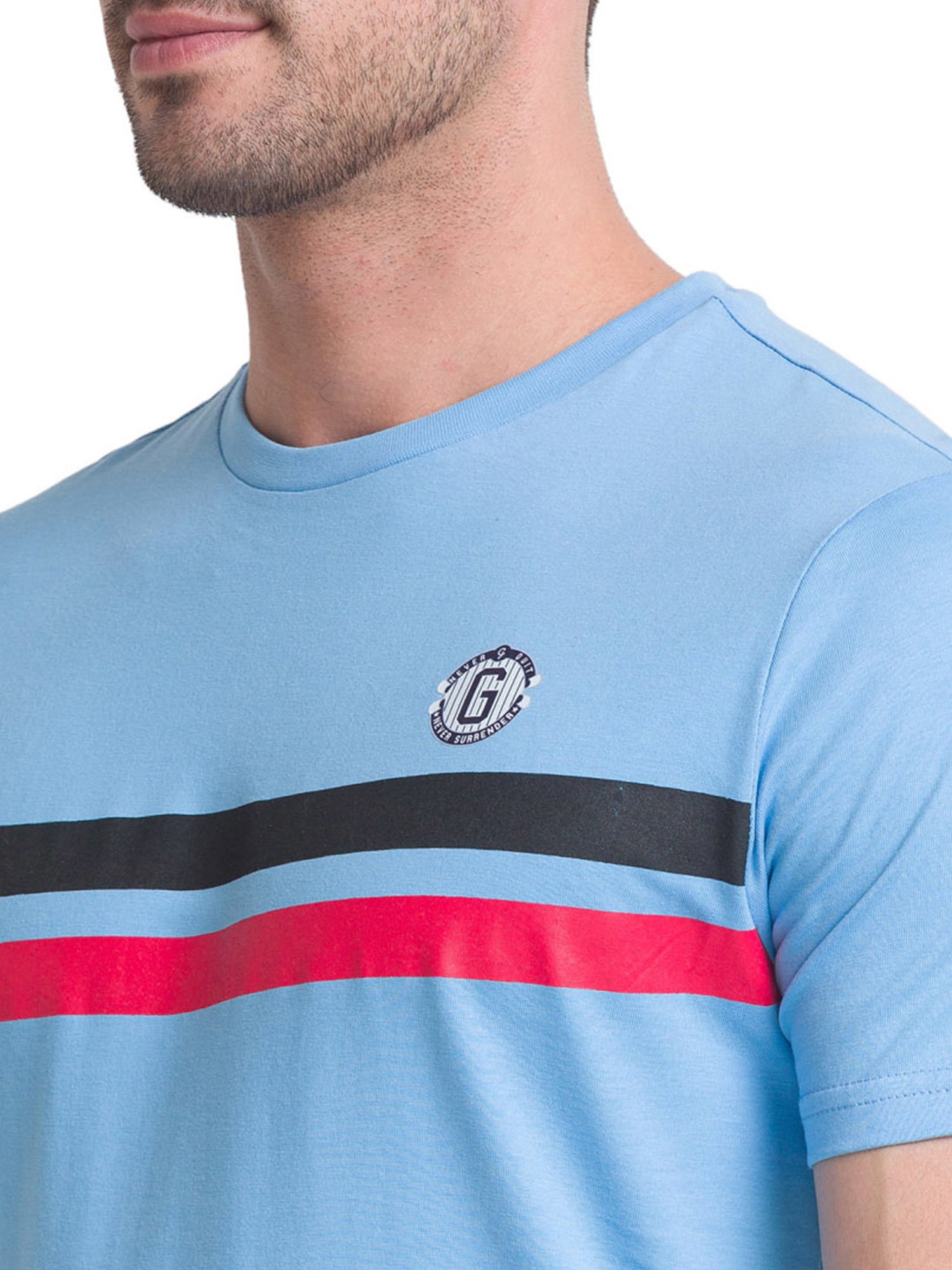 Giordano Blue Cotton Slim Fit Striped T-Shirt