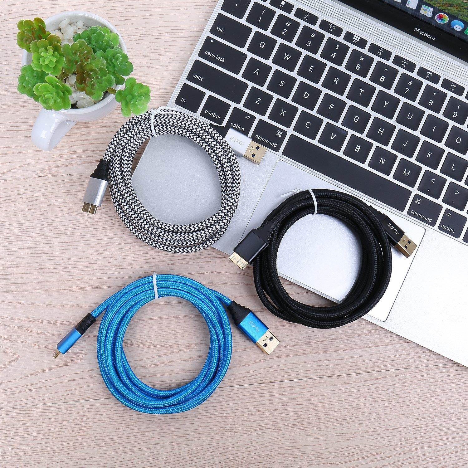 Galaxy S5 Charging Cable, Besgoods 3-Pack 6ft Braided Micro USB 3.0 Cable USB A Male to Micro B Charger Cable Compatible for Samsung Galaxy S5, Note 3, Hard Drive - Black White Blue