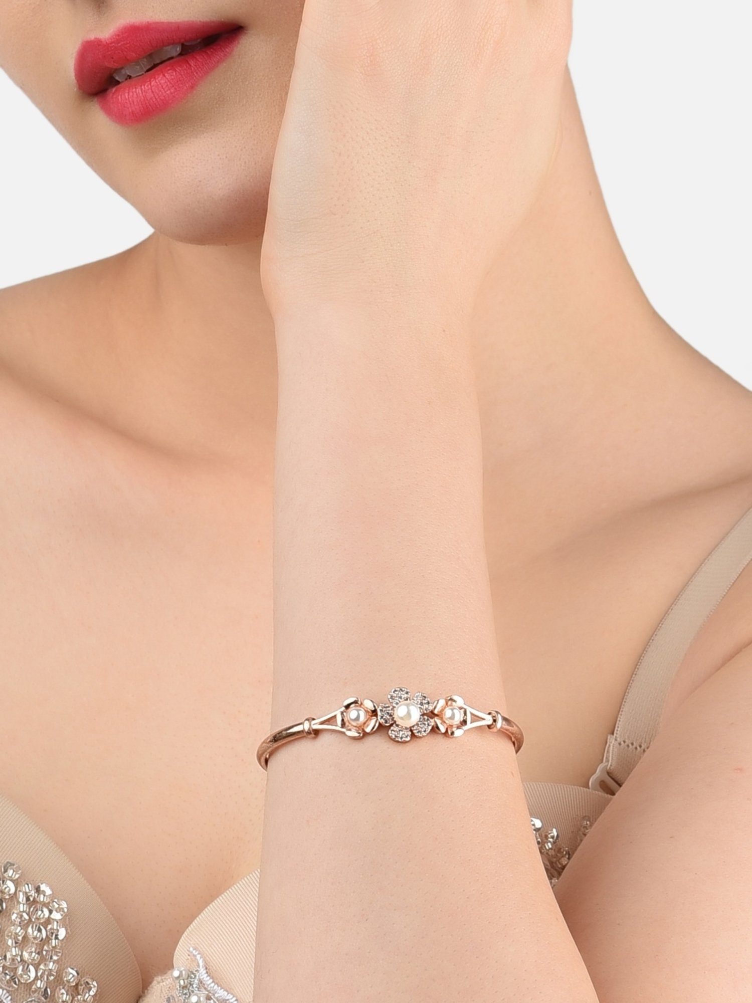 Zaveri Pearls Set of 2 Rose Gold Cubic Zirconia Contemporary Kada Style Bracelets - ZPFK13465