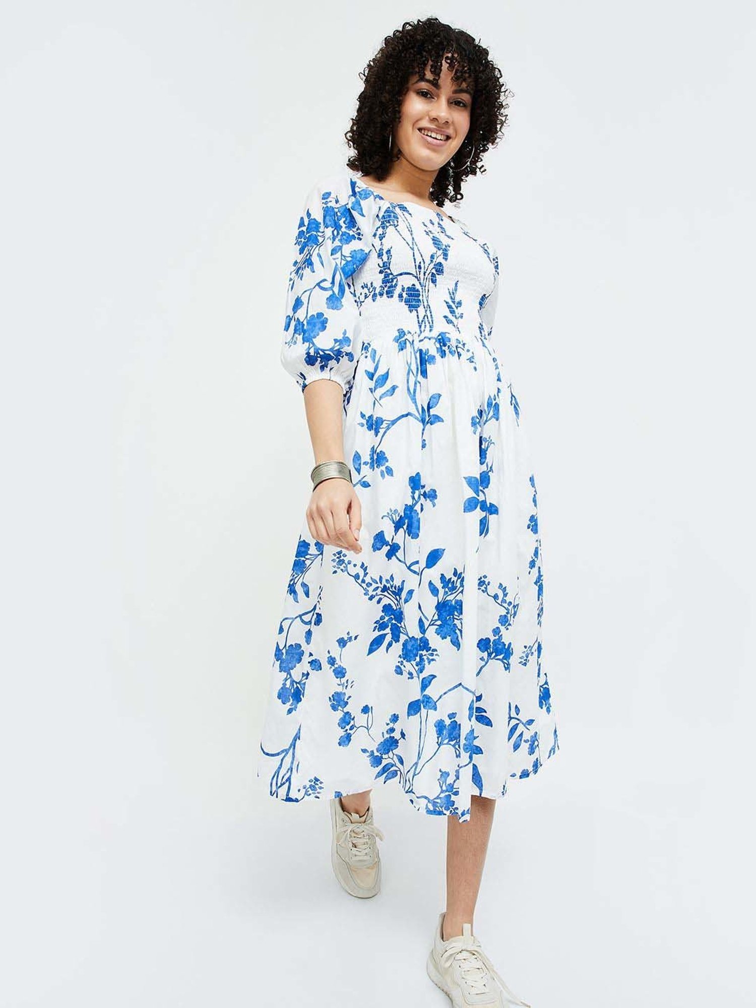 Colour Me by Melange White Cotton Printed A-Line Dress