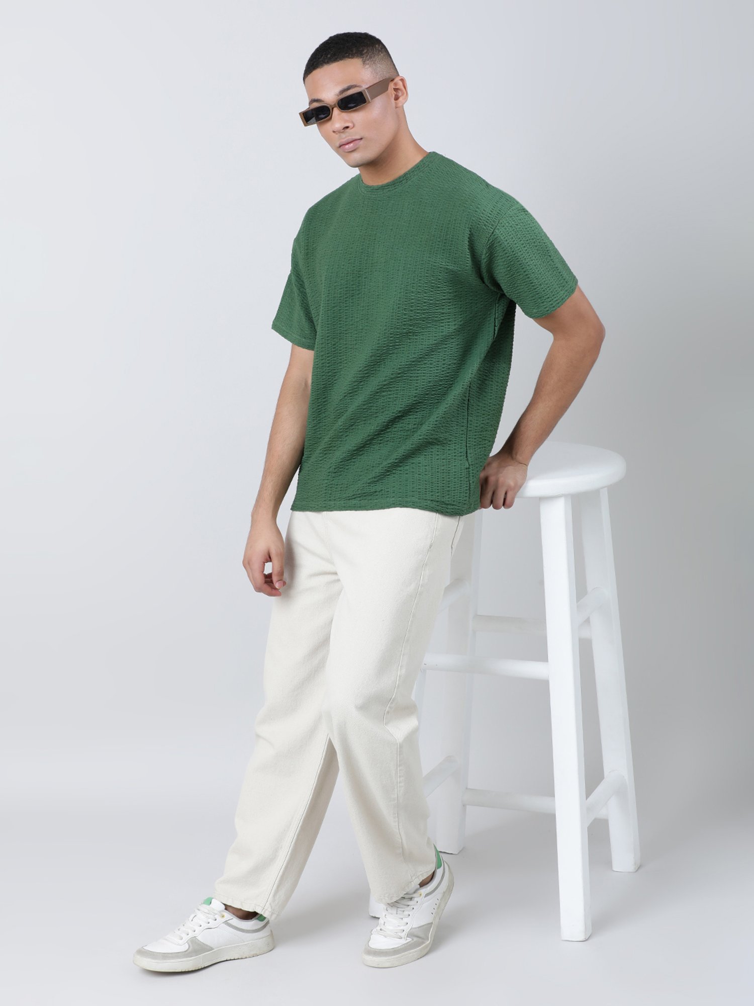 Bene Kleed Green Loose Fit Textured Crew T-Shirt