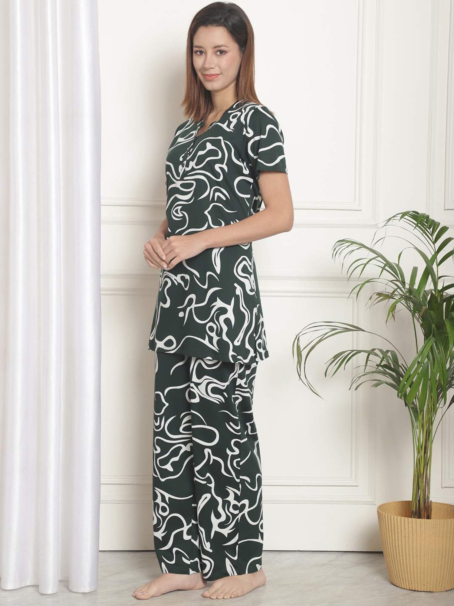 Kanvin Green Cotton Printed Tunic Pyjamas Set