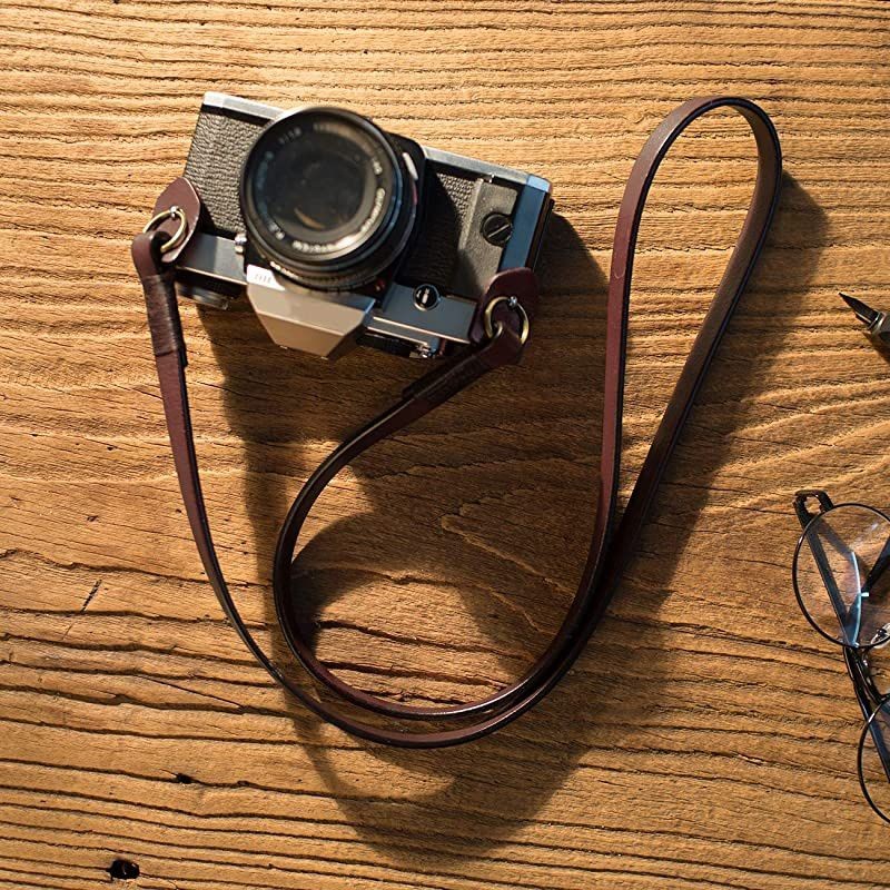 Camera Strap Leather Vintage DSLR Camera Neck Straps Belt Handmade Genuine Leather Film Camera Shoulder Strap Cord Long Slim Thin for SLR Mirrorless Cameras L3 Black