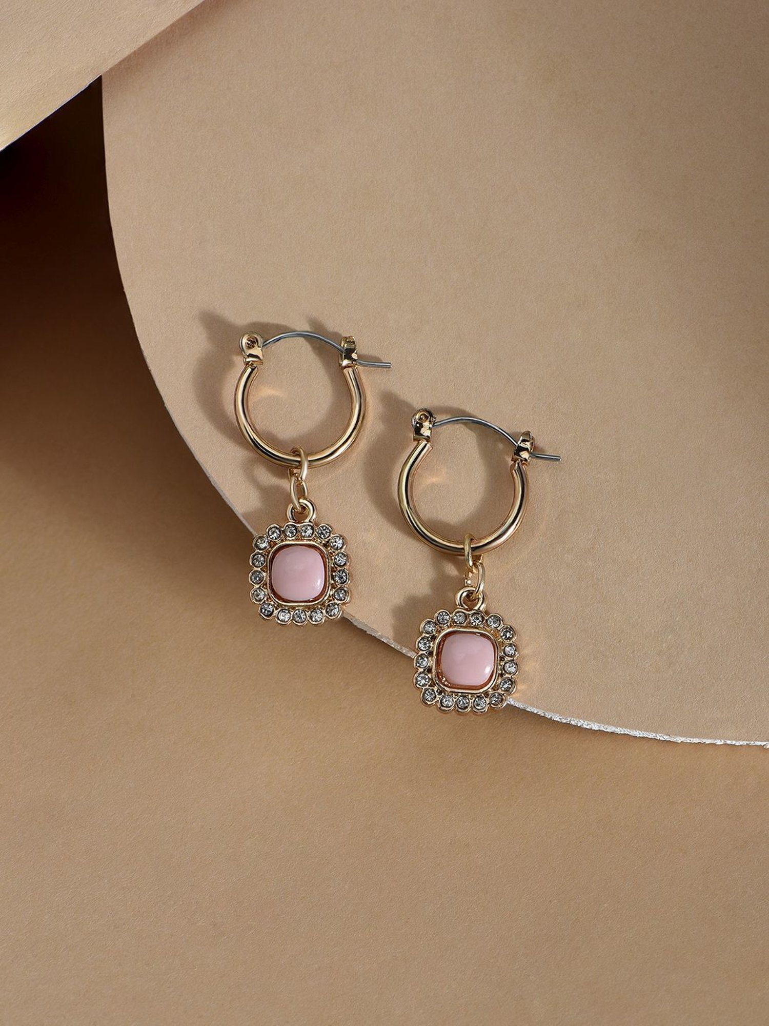 Toniq Pink Gold-Plated Square CZ Stone Studded Drop Earrings for Women