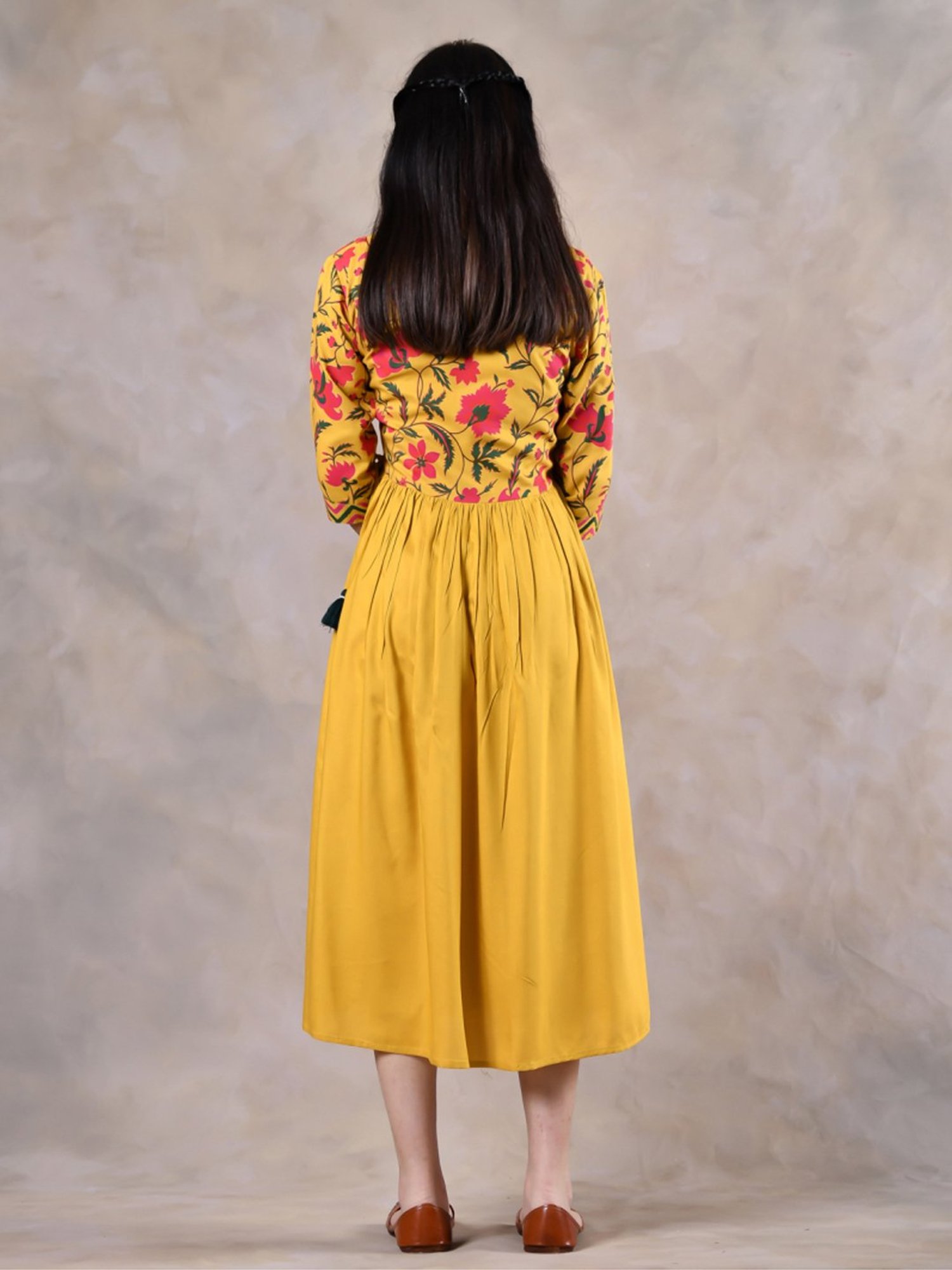 Rustorange Yellow Printed A-Line Dress