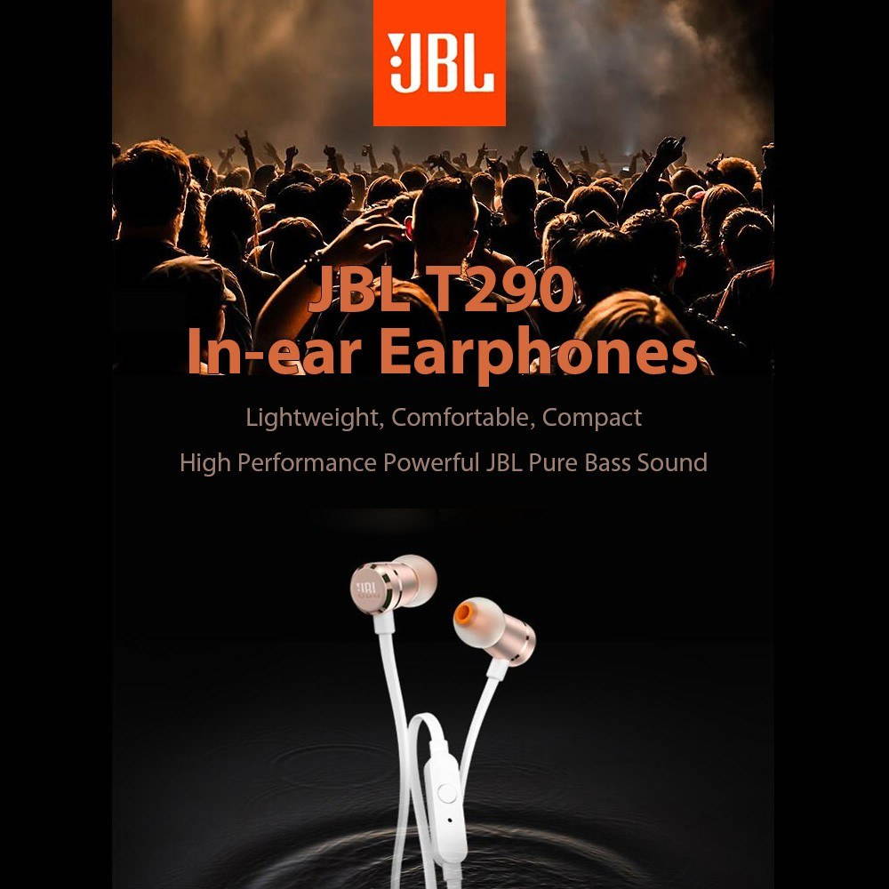 JBL T290 In-ear Headphones JBL Pure Bass Sound Earphones One Button Control 3.5mm Jack Wired Earpieces Portable Headset with Microphone For Mobile Phone Tablet