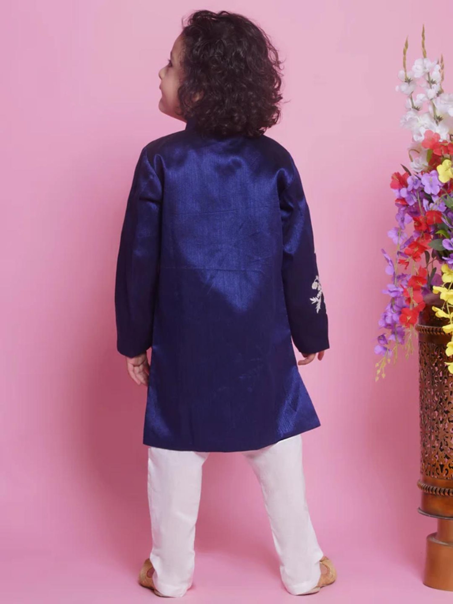 Little Bansi Kids Royal Blue & White Embroidered Full Sleeves Sherwani with Pyjamas