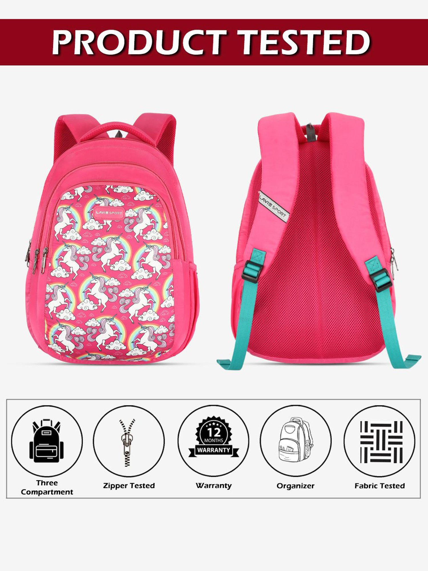 Lavie Sport Unicorn Rainbow 26L Printed School Backpack for Girls (Magenta)