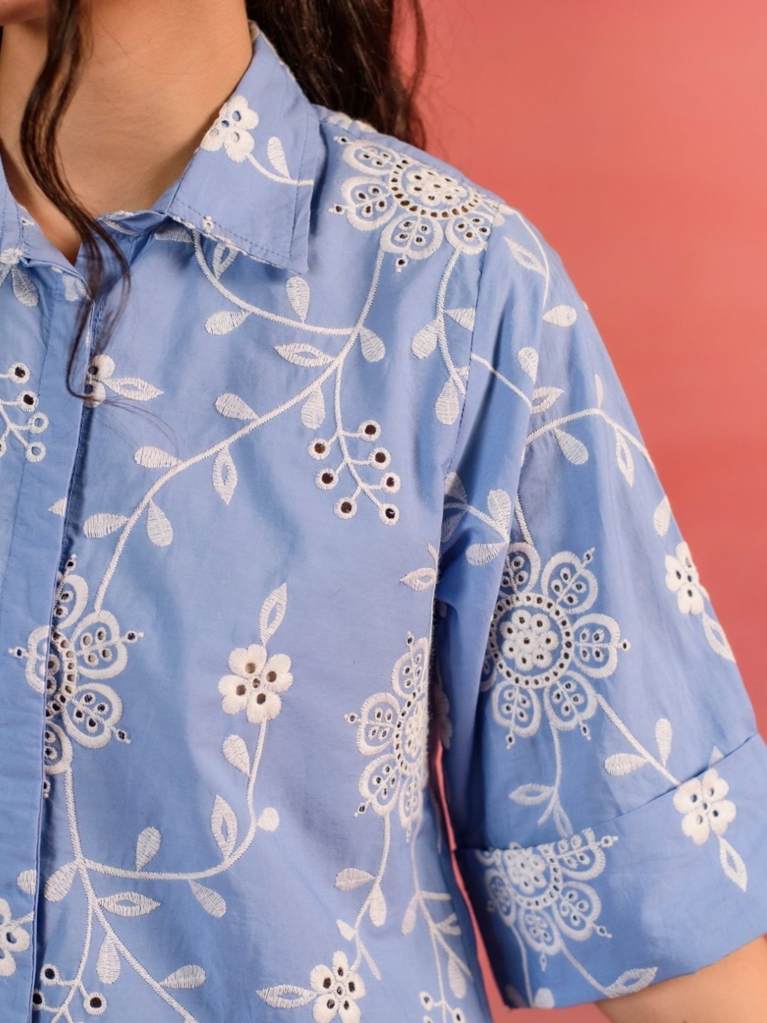 Kameez by Pooja Blue Floral Embroidered Poplin Shirt