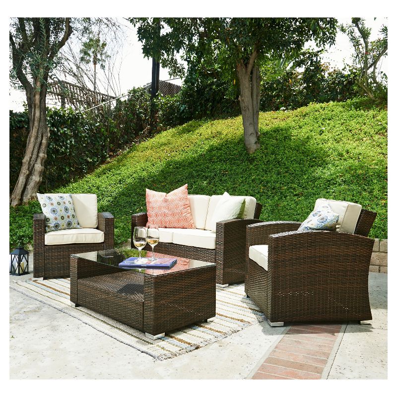 Bahia 4 Piece All Weather Wicker Seating Set Dark Brown with Beige Cushions - Thy Hom