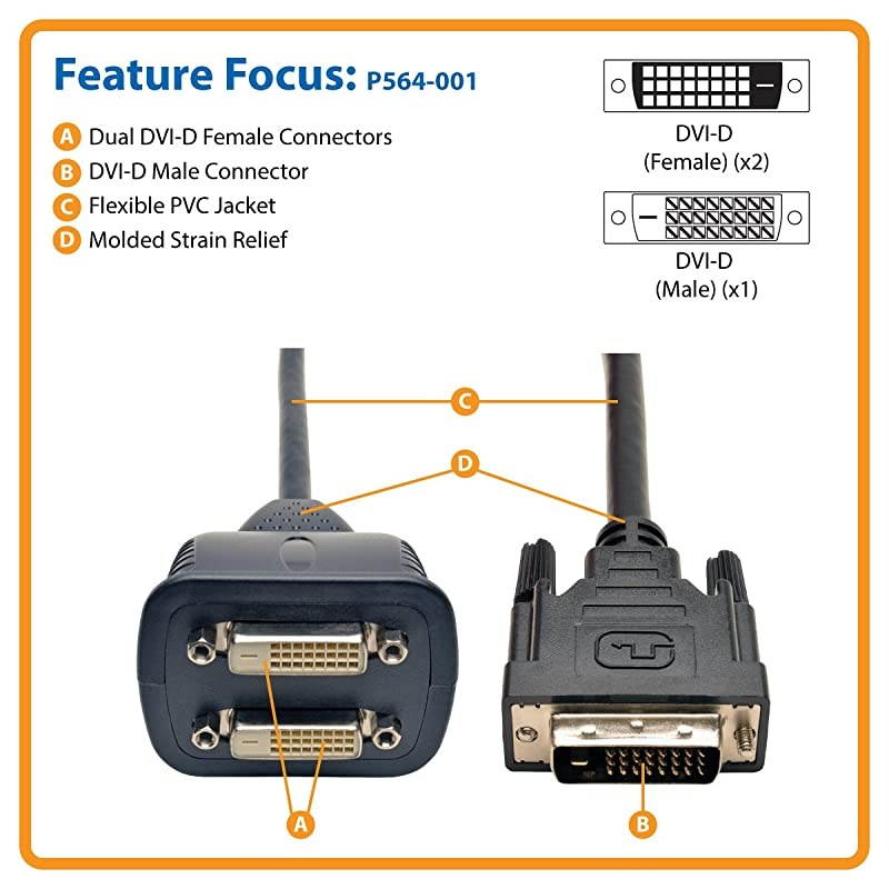 DVI Y Splitter Cable Digital Monitors DVID M to 2x F 1ft P564001