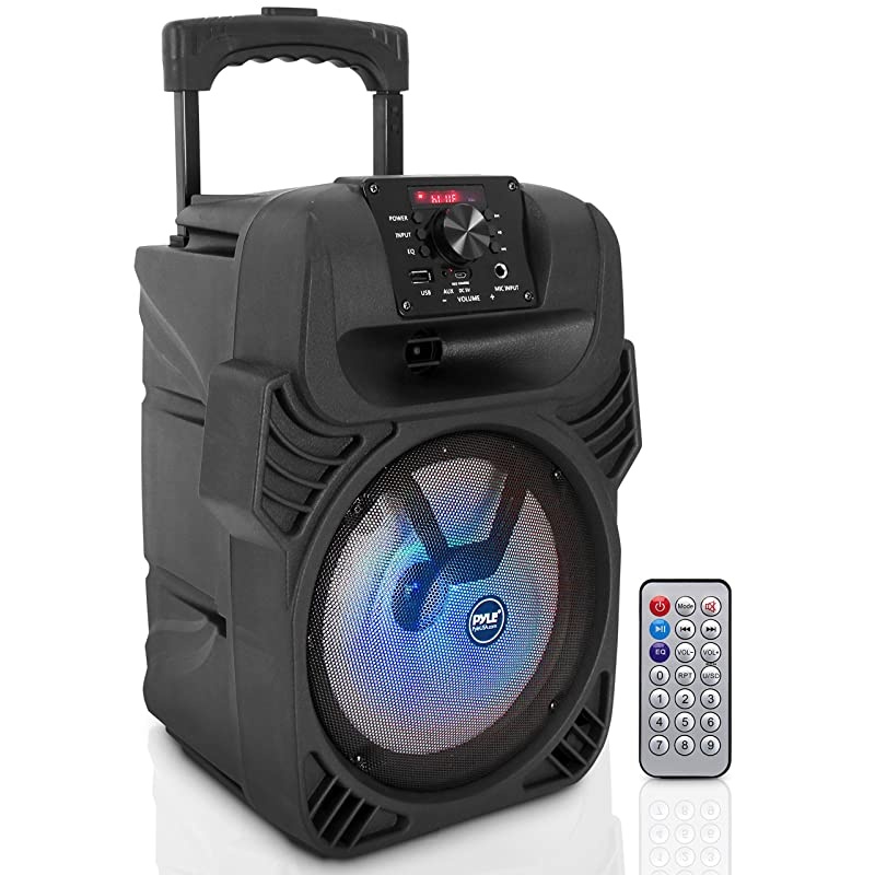 Portable Bluetooth PA Loudspeaker 8 Subwoofer System 4 Ohm5520kHz USBMP3FM Radio &frac14; Mic Inputs MultiColor LED Lights Builtin Rechargeable Battery w Remote Control Pyle PPHP844B