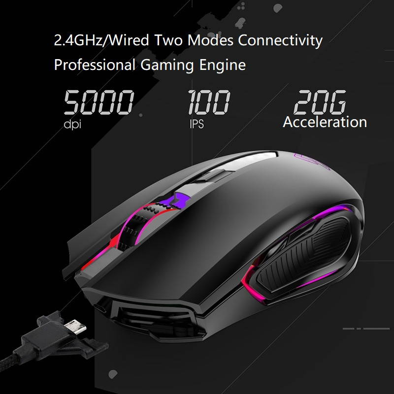 Ajazz AJ302-  Ergonomic Design, Cool Exterior 2.4GHz/ Wired 2 Modes 5000DPI 6-Button RGB Backlit Light  Gaming Mouse For PC and Laptop - Pink