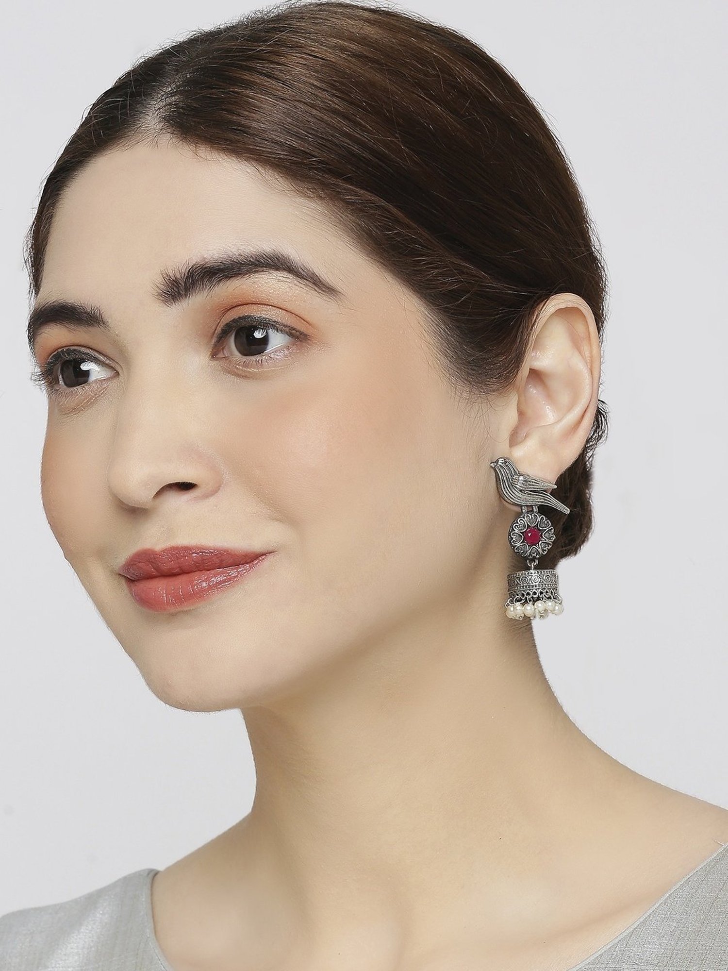 OOMPH Jewellery Oxidized Silver Look Alike Bird Design Maroon Stone & Pearls Ethnic Jhumki