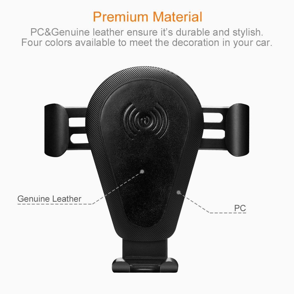 Wireless Car Charger Mount, Icarer Leather Qi Fast Wireless Charger Car Mount Phone Holder for Apple iPhone X iPhone 8/iPhone 8 Plus Galaxy S8/S8 Plus S7/S7 Edge Note 8 and Other Device - Black
