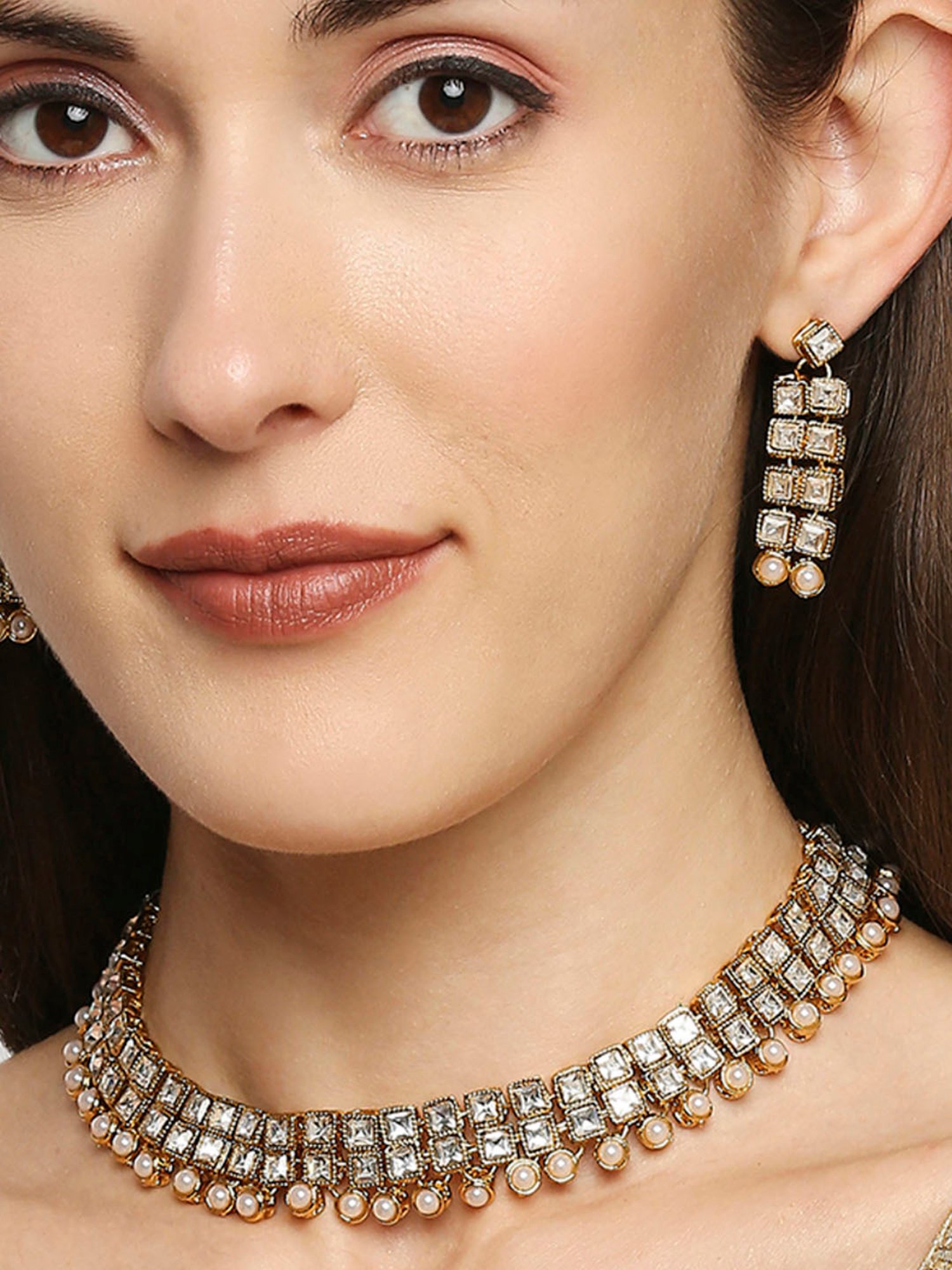 OOMPH Gold Tone Jadau Kundan & Pearl Delicate Choker Necklace Set with Drop Earrings