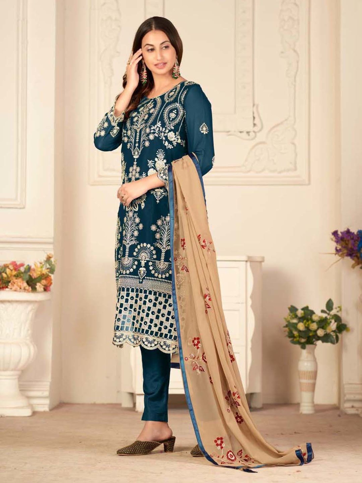 Warthy Ent Blue Embroidered Semi Stitched Dress Material