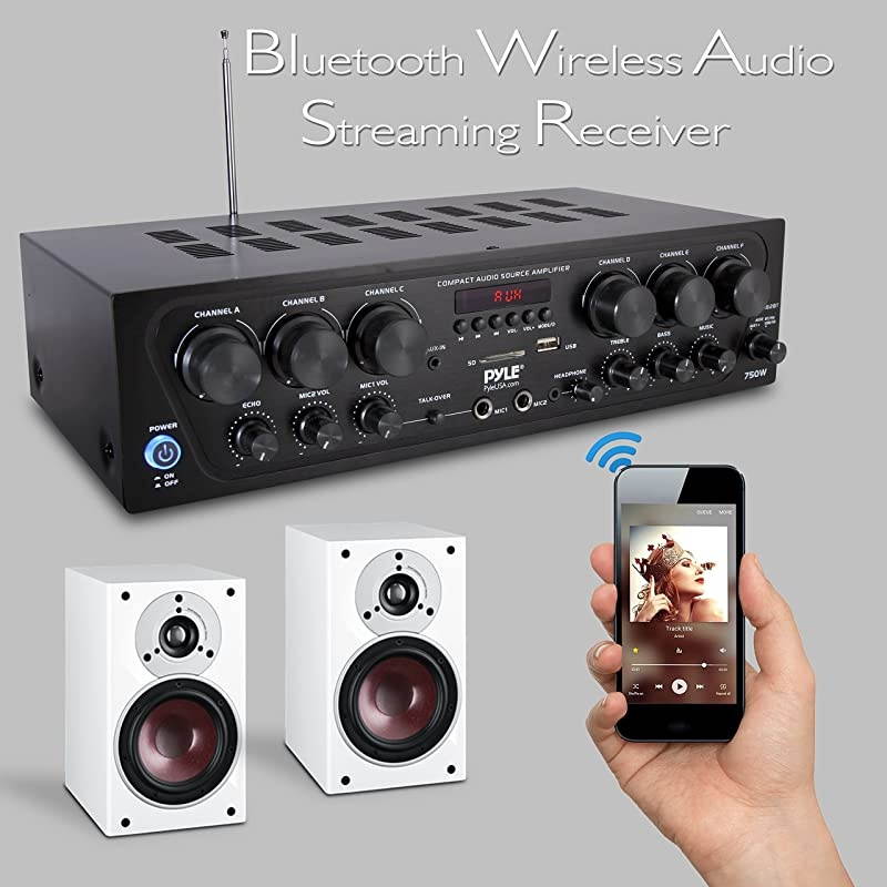Wireless Bluetooth Karaoke-6 Channel 750 Watt Home Audio Sound Power Stereo Receiver Amplifier w/USB, Headphone, 2 Microphone Input w/Echo, Talkover for PA PTA62BT