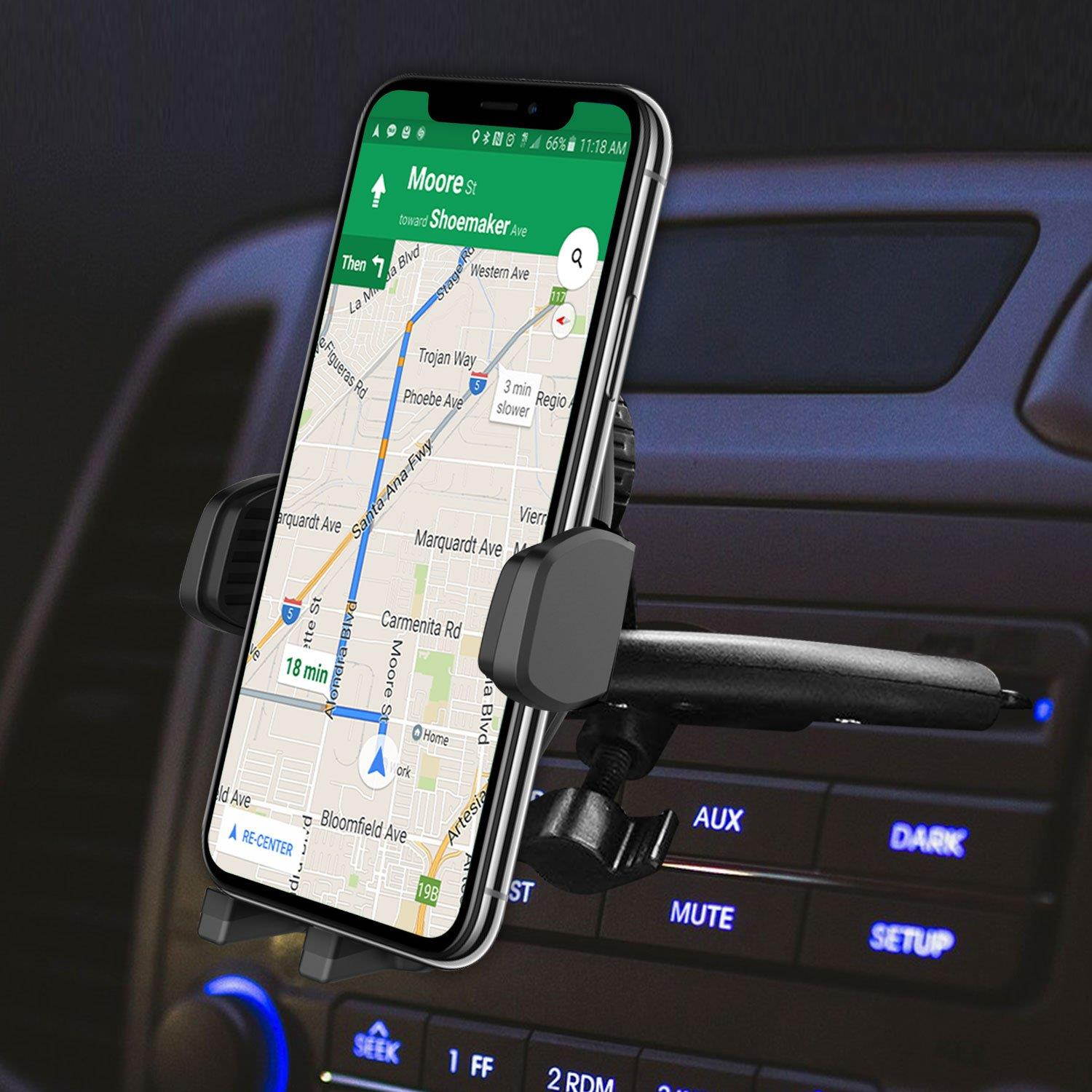Cellet CD Slot Car Phone Holder, Mount, Cradle with Three-Side Grips and One-Touch Design Compatible for iPhone Xs/Max/Xr/X/8/8Plus/7/6/5 Note 9/8/5 Galaxy S9/8/7/6 Google Pixel XL Motorola LG HTC ETC