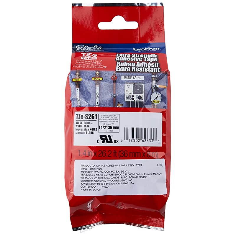 Genuine Ptouch TZES261 Tape 112quot 14quot Wide ExtraStrength Adhesive Laminated Tape Black on White Laminated for Indoor or Outdoor Use WaterResistant14quot x 262 36mm x 8M TZES261