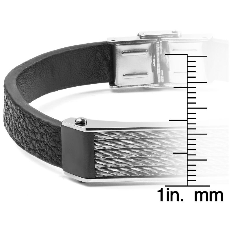 Men's West Coast Jewelry Black Leather and Stainless Steel Cable Inlayed ID Plate Bracelet