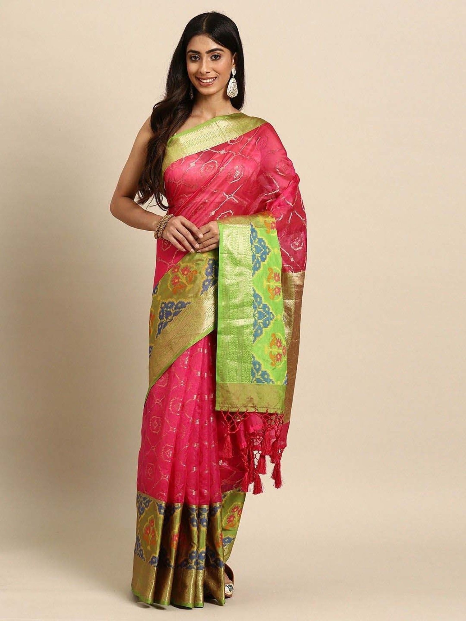 Silk Land Pink & Green Woven Saree With Unstitched Blouse