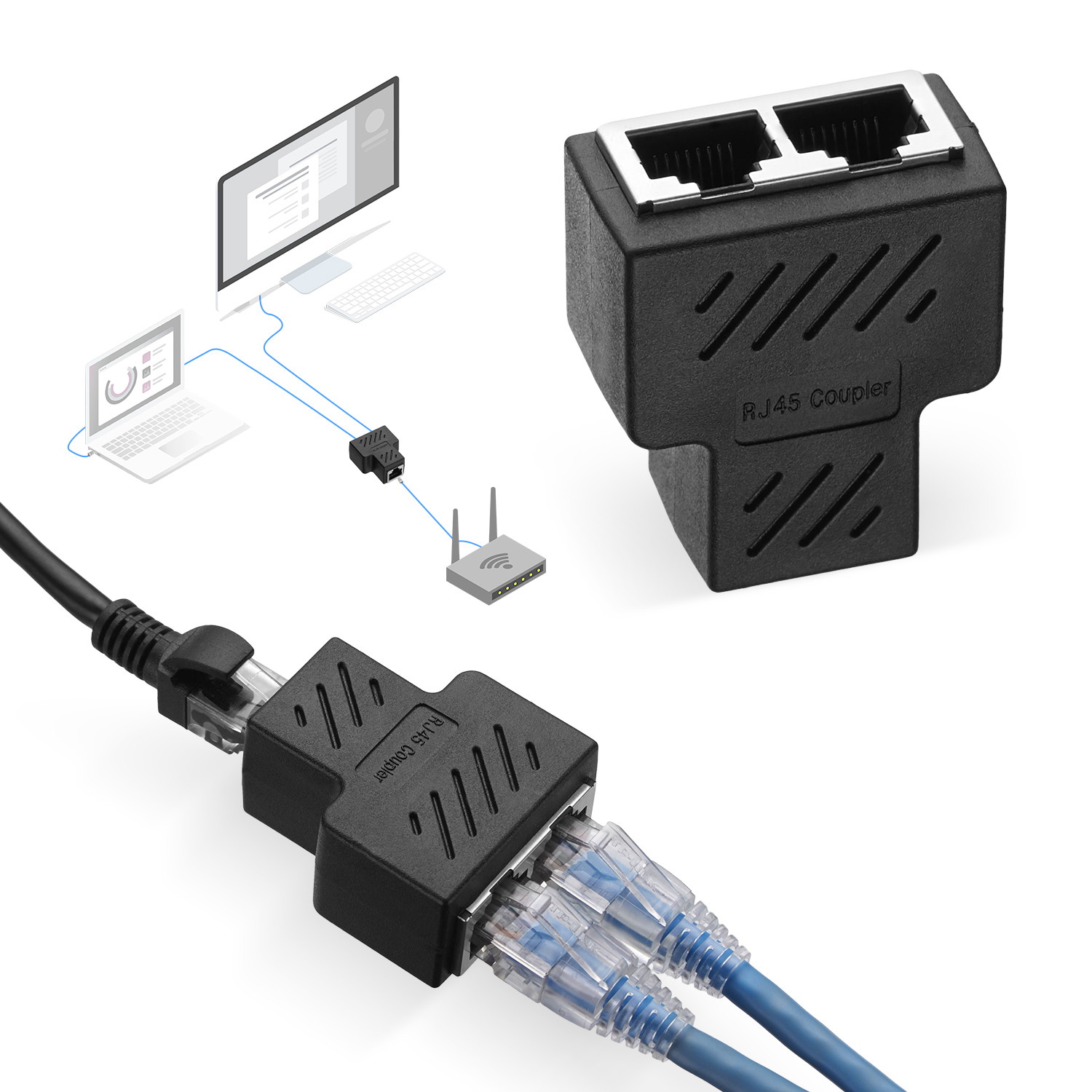 FirstPower RJ45 Splitter Adapter 1 to 2 Ways Dual Female Port CAT 7 6 5 LAN Ethernet Cable