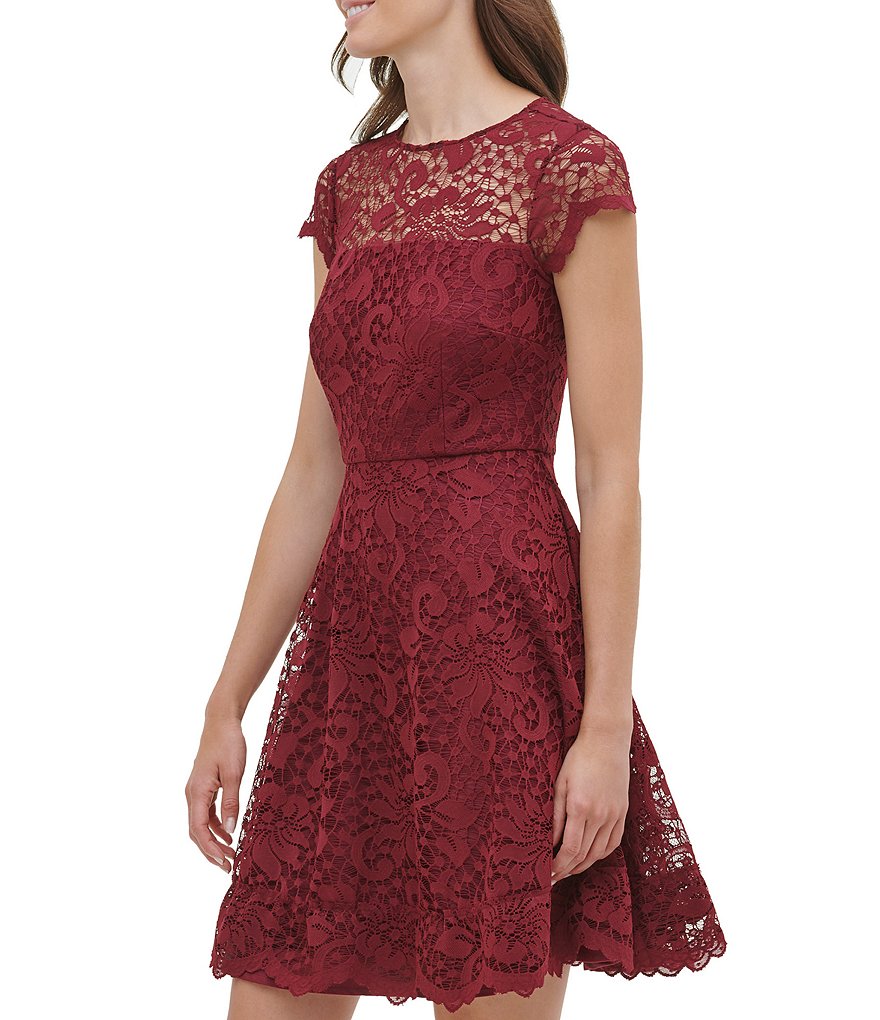 Kensie Illusion Neck Cap Sleeve Lace Fit & Flare Scallop Hem Fit & Flair Dress