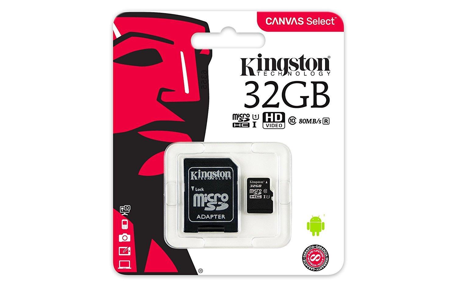 Kingston Canvas Select (2 Pack Bundle) microSD Class 10 Memory Card UHS-I 80MB/s R Flash with Adapter SDCS/32GB and (2) Plastic Jewel Cases and (1) Everything But Stromboli (TM) Card Reader