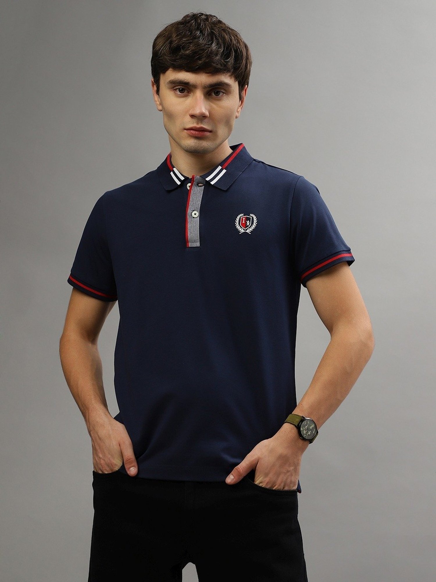 Iconic Navy Blue Cotton Regular Fit Polo T-Shirt