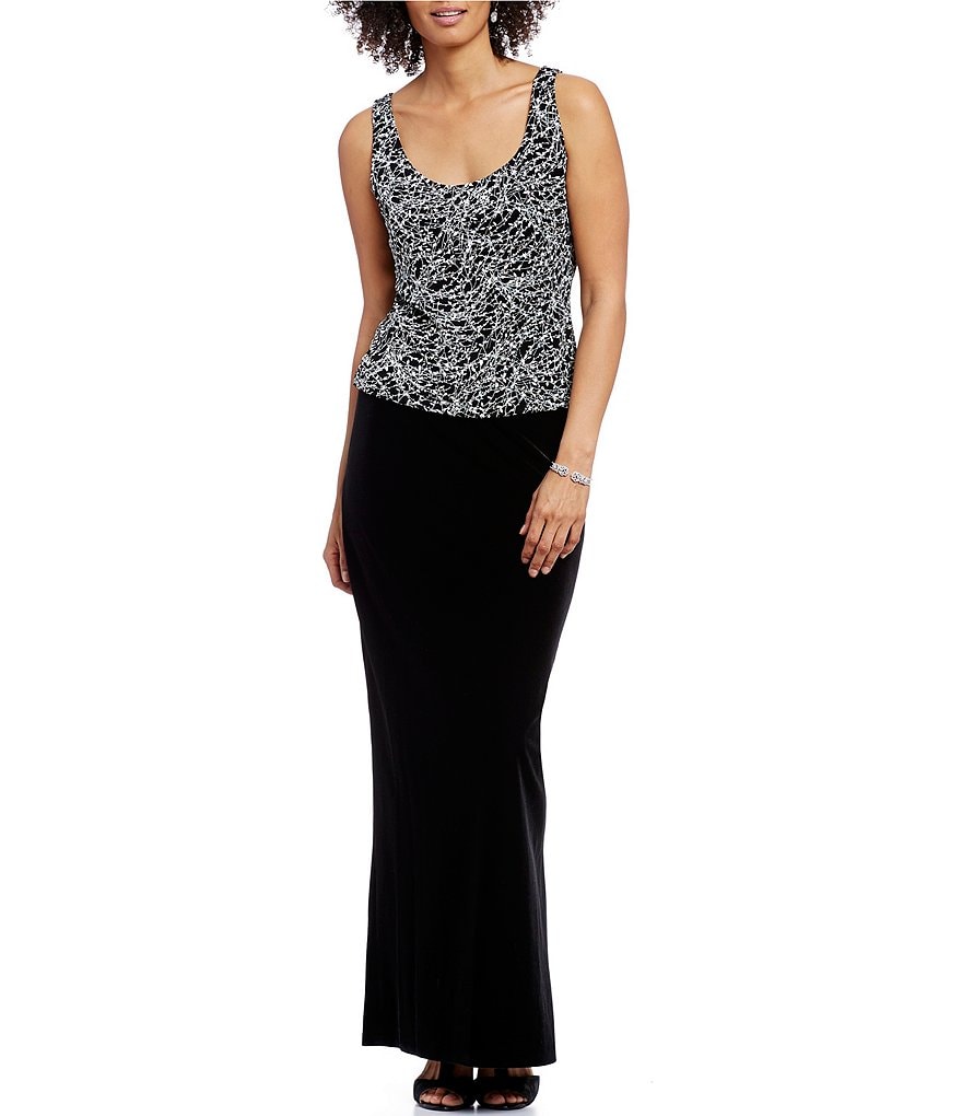 Jkara Petite Size V-Neck 3/4 Sleeve Beaded Bodice Gown