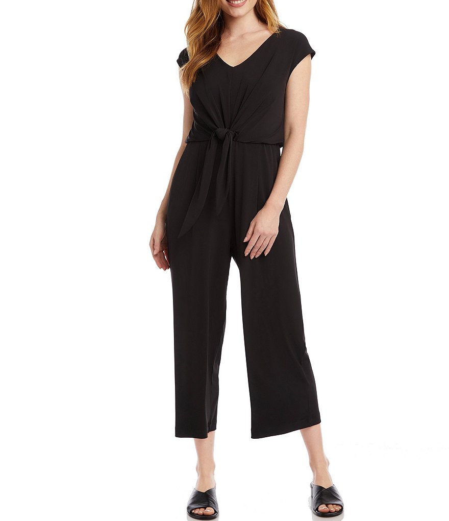 Karen Kane Petite Size Knit V-Neck Tie-Front Waist Detail Cap Sleeve Jumpsuit