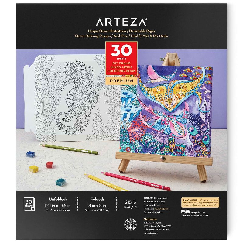 Arteza Premium Expert Ocean Coloring Set - 30 DIY Frame Sheets, 72 Colored Pencils, Set for Adults Kids Artists (ARTZ-3868)