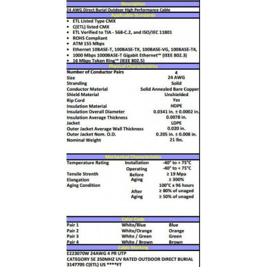 300'FT High Quality CAT5 e OUTDOOR UNDERGROUND BURIAL CABLE WIRE WATERPROOF UV THICK 23-AWG