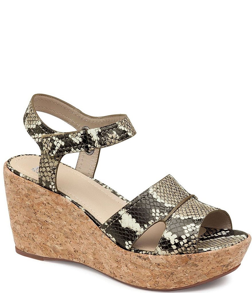 Johnston & Murphy Alicia Snake Print Leather Cork Wedge Sandals