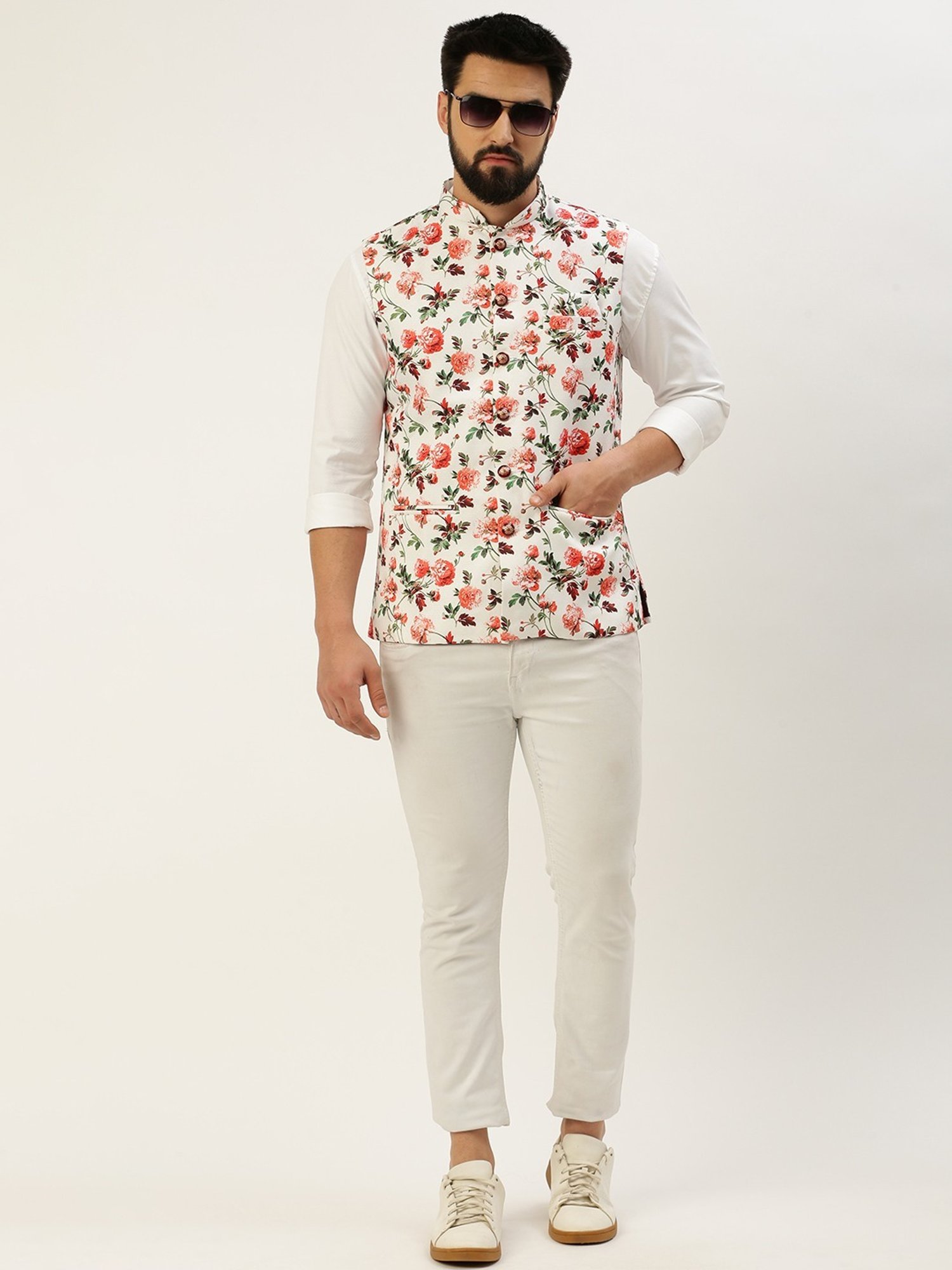 SHOWOFF White Cotton Slim Fit Printed Nehru Jacket