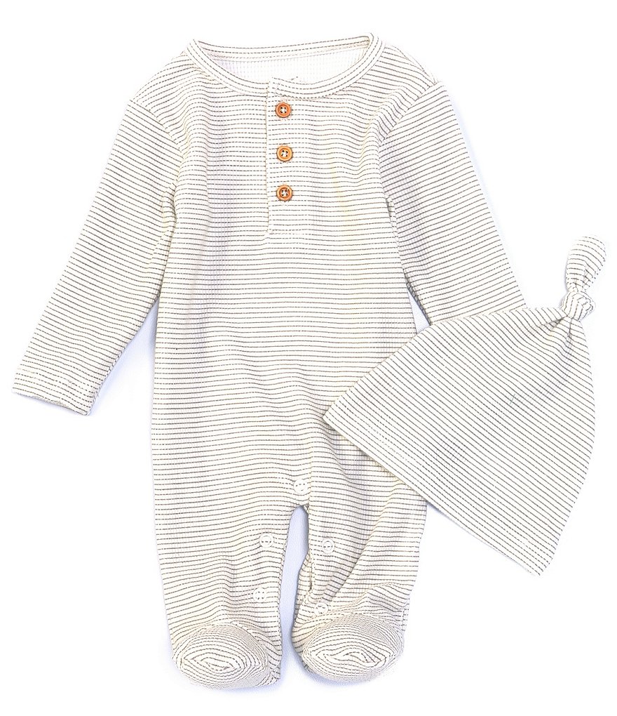 First Wave Baby Boys Newborn-9 Months Stripe Ribbed Knit Footed Coverall with Hat