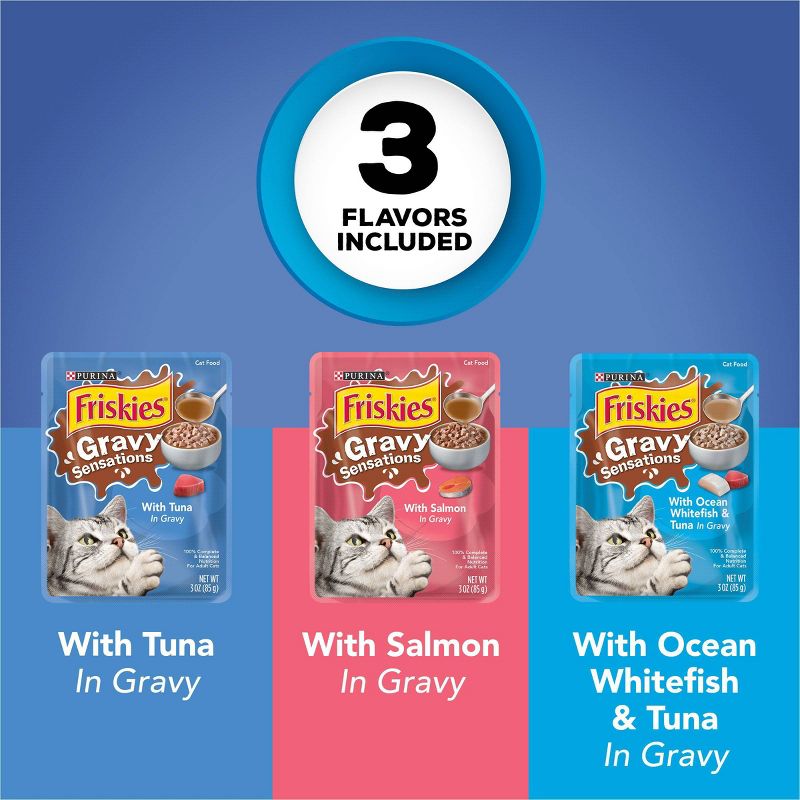Purina Friskies Gravy Sensations Wet Cat Food Seafood Pouches with Tuna, Salmon & Whitefish - 3oz/12ct Variety Pack
