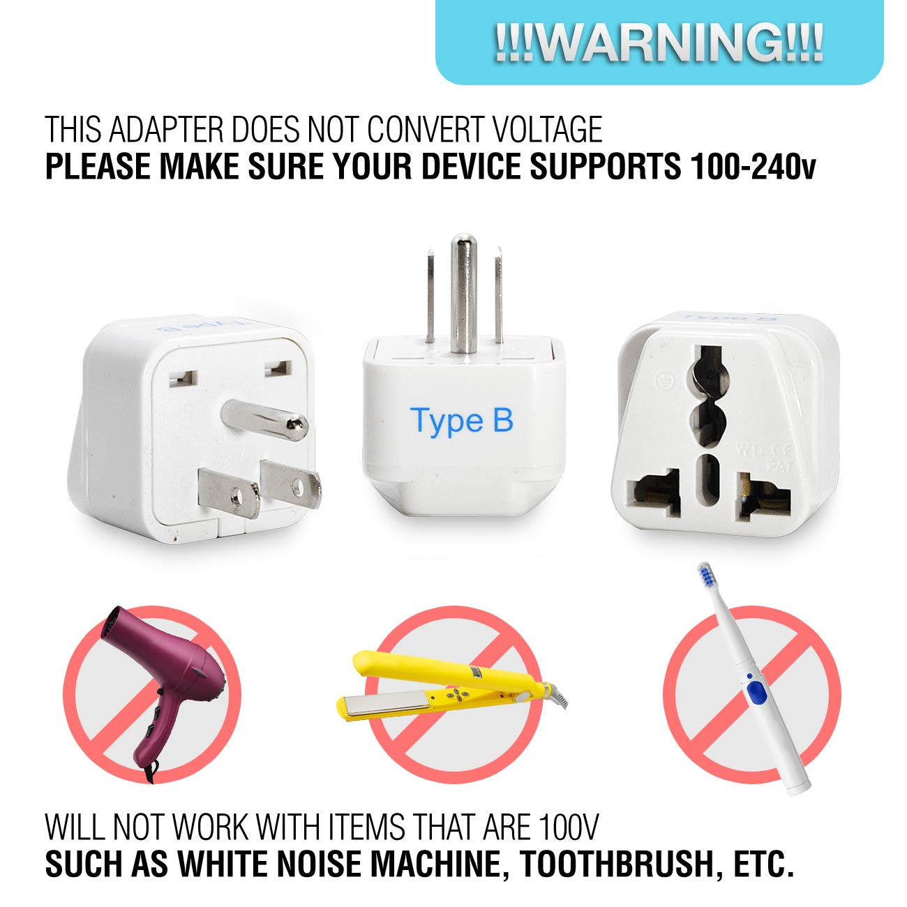 Ceptics USA, Canada, Japan, Philippines Travel Plug Adapter (Type B), Universal Socket Plug Accepts Plugs From any Country, Perfect for Cell Phones, Laptops, Chargers and More - 3 Pack (GP-5)