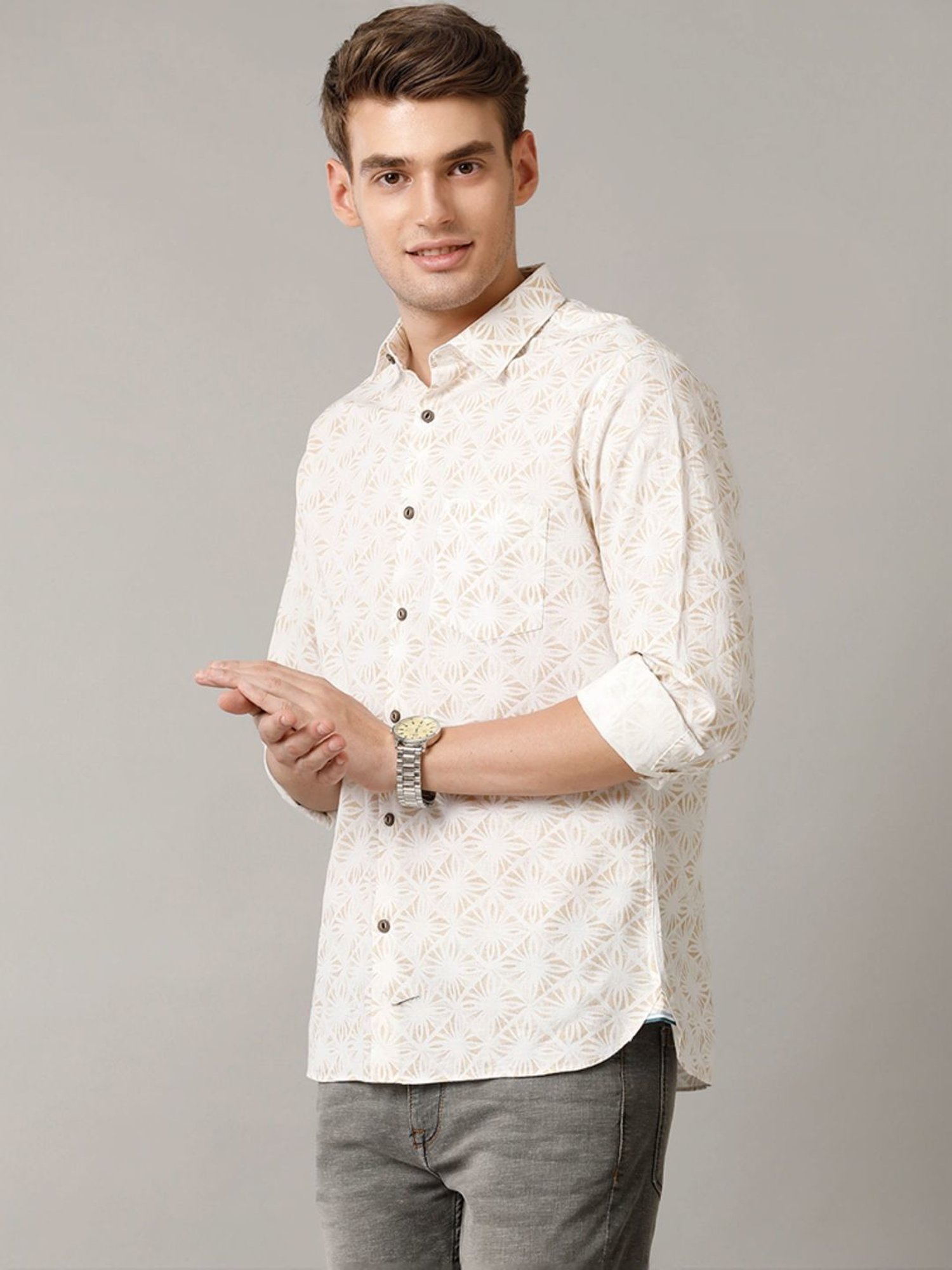 Cavallo By Linen Club Brown Linen Contemporary Fit Printed Shirt