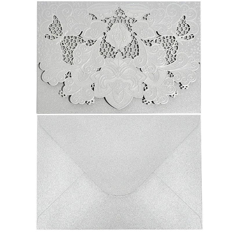Paper Junkie 24-Pack Laser Cut Silver Glitter Invitations Cards with Envelopes for Wedding Bridal Shower, 7x5 in