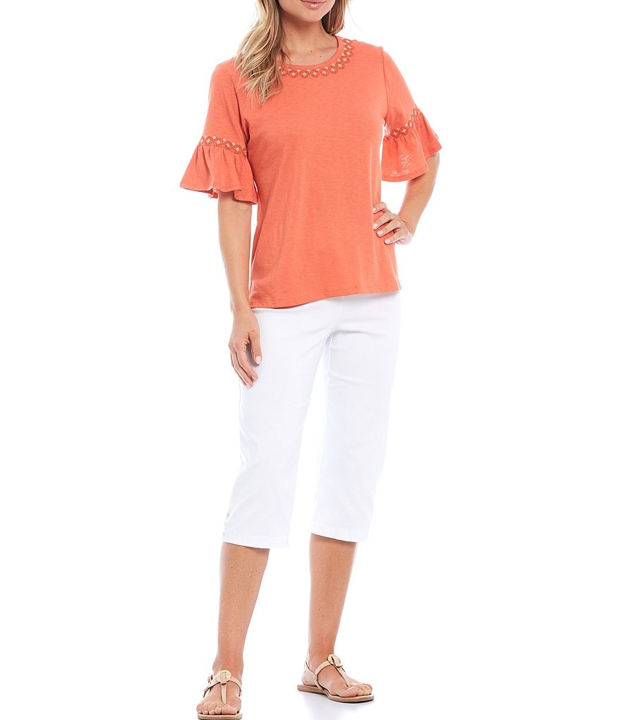 Allison Daley Petite Size Slub Jersey Ruffle Short Sleeve Crew Neck Top