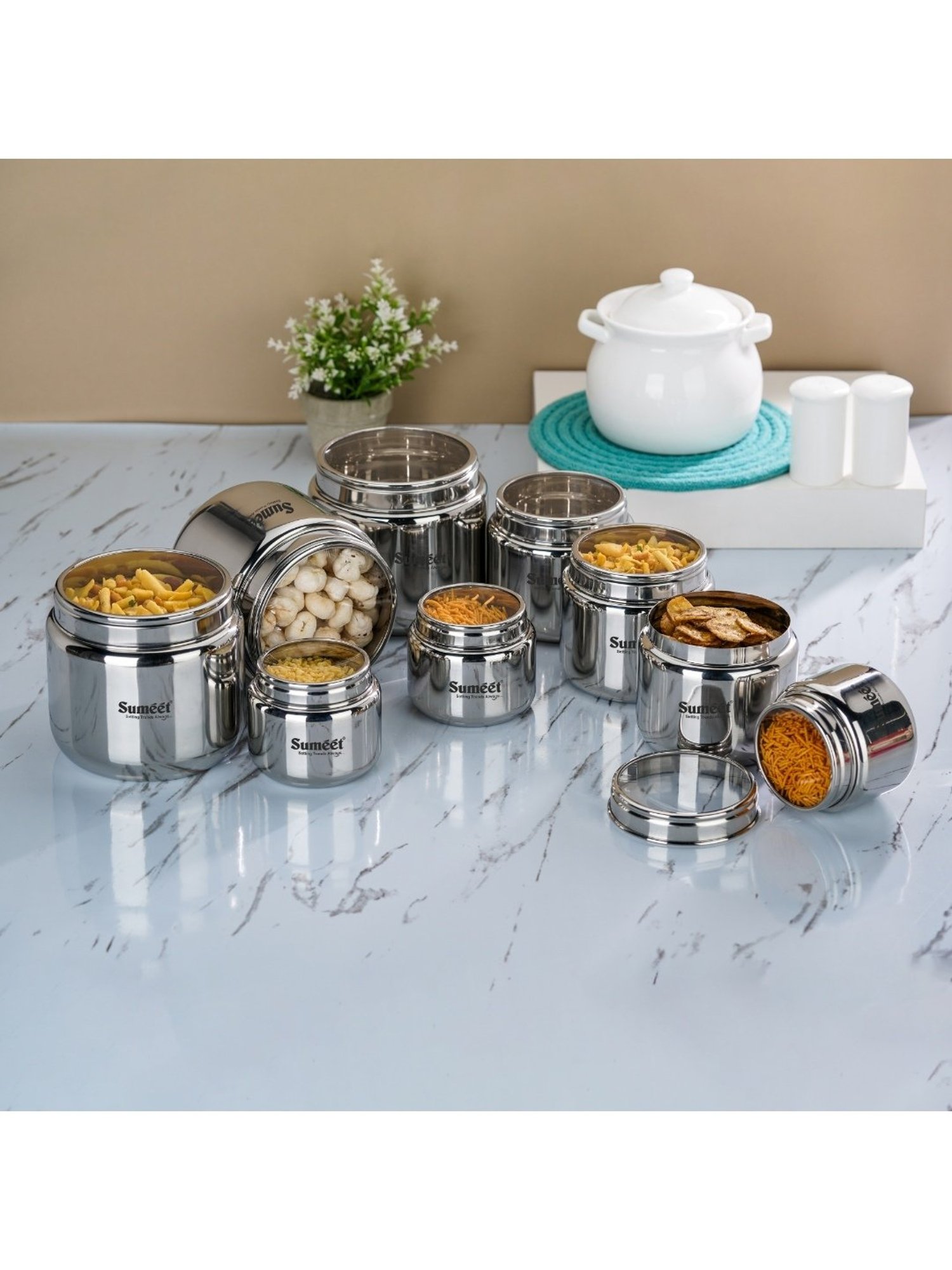 Sumeet S.S. Storage Containers with See Through Lid, Combo of 9 Pcs (400ml, 800ml & 1450ml-3Pc each)