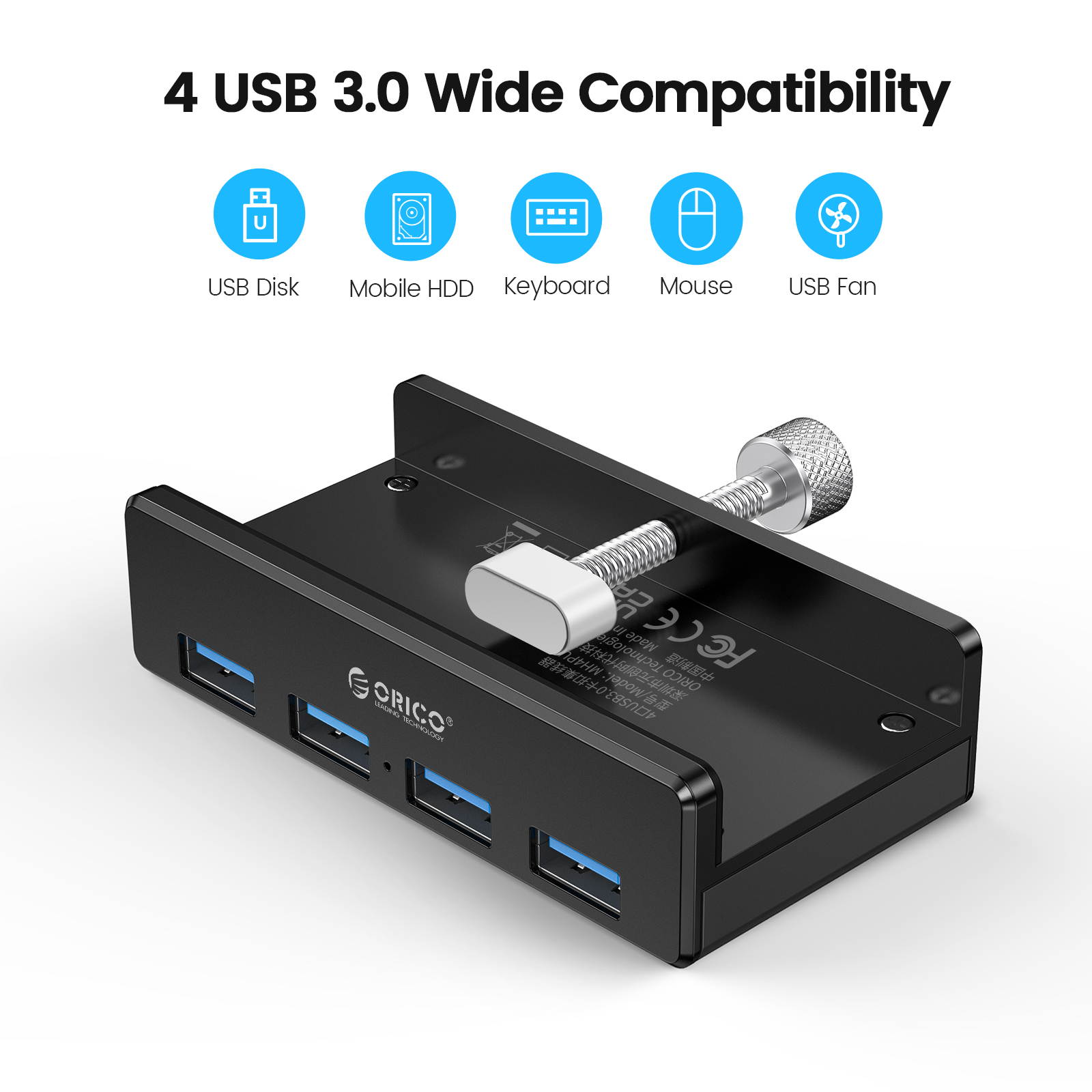 ORICO MH2AC-U3 Aluminum 2 Ports USB 3.0 Clip-type HUB With SD Card Reader For Desktop Laptop Clip Range 10-32mm With 4.95FT ( 1.5Meter) Date Cable - Silver