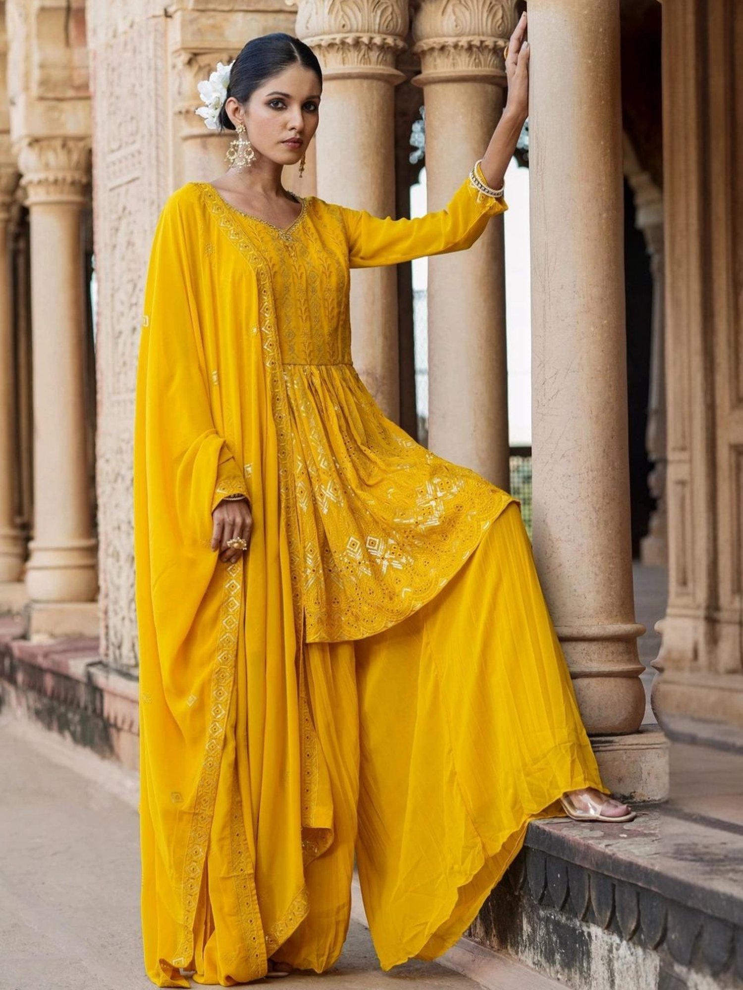 Scakhi Mustard Georgette Sequin Embroidered Suit Set Tunic With Palazzo And Dupatta